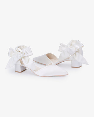 White Satin Pointy Toe Low Block Heels Wedding Shoes with Luxe Tie, Bridal Shoes