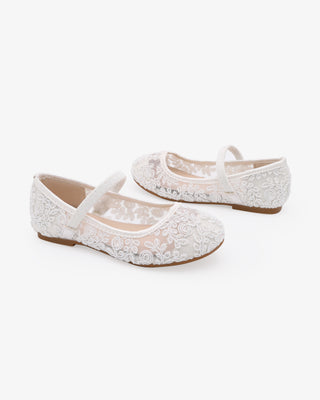 White Crochet Lace Mary Jane Flats for Flower Girls