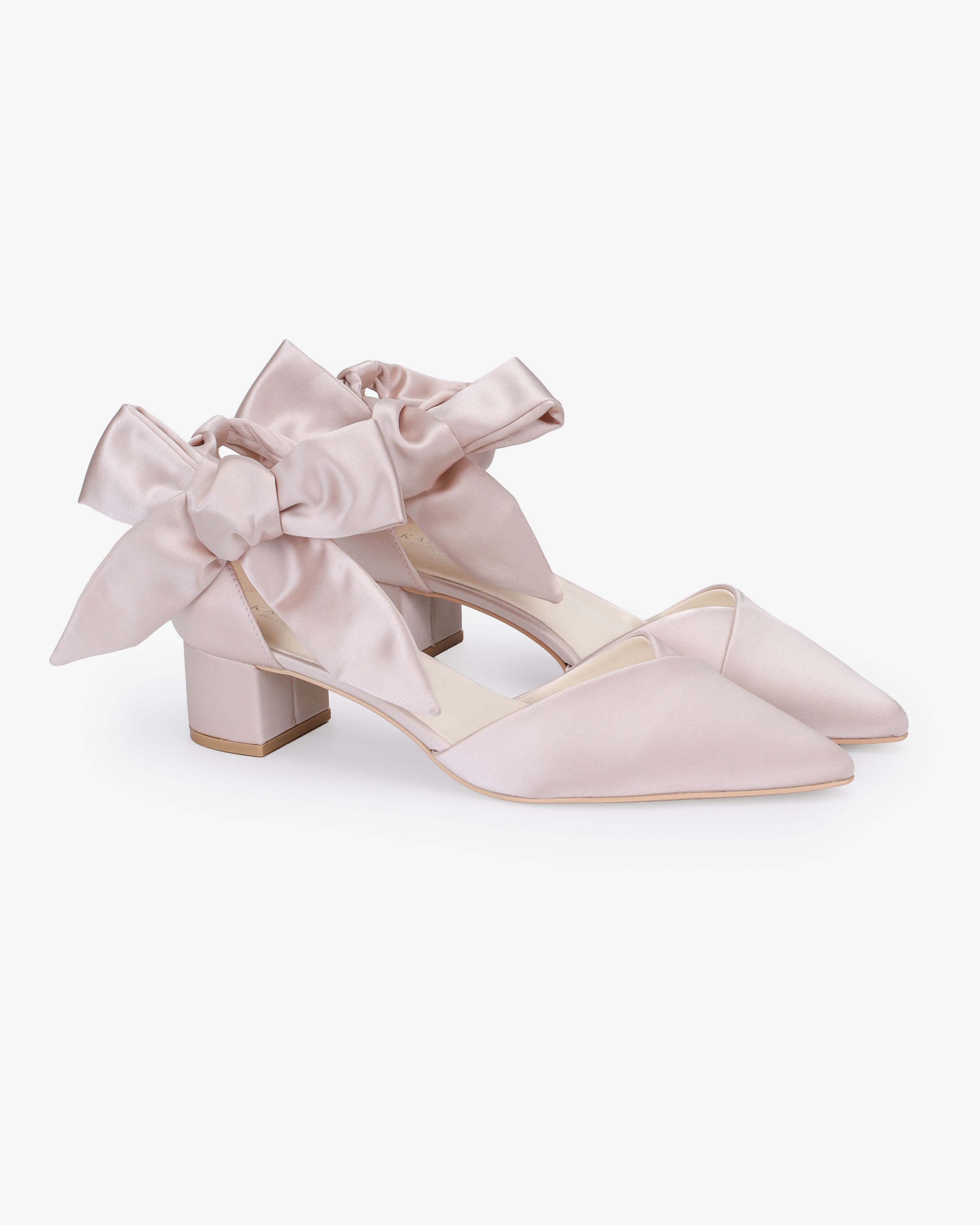 Satin Pointy Toe Low Block Heels Evening Shoes with Luxe Tie, Prom Shoes