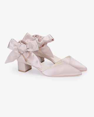 Satin Pointy Toe Low Block Heels Evening Shoes with Luxe Tie