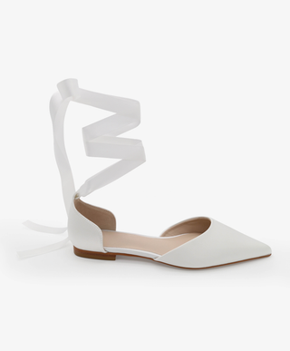 Satin Pointy Toe Bridal Flats with Ballerina Ribbon Tie 