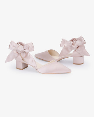 Satin Pointy Toe Low Block Heels Evening Shoes with Luxe Tie