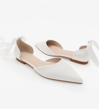 Satin Pointy Toe Bridal Flats with Ballerina Ribbon Tie 