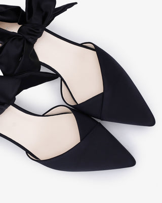 Black Satin Pointy Toe Low Block Heels Evening Shoes with Luxe Tie, Women Shoes