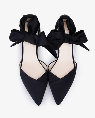 Black Satin Pointy Toe Low Block Heels Evening Shoes with Luxe Tie, Women Shoes