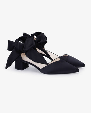 Satin Pointy Toe Low Block Heels Evening Shoes with Luxe Tie