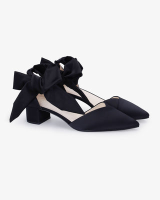 Black Satin Pointy Toe Low Block Heels Evening Shoes with Luxe Tie, Women Shoes