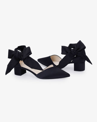 Black Satin Pointy Toe Low Block Heels Evening Shoes with Luxe Tie, Women Shoes