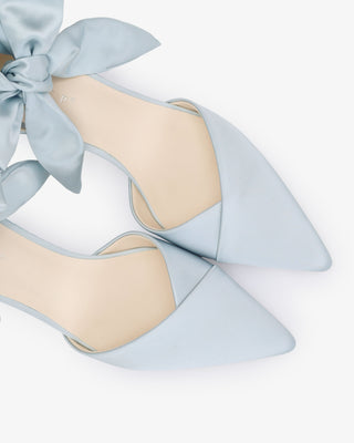 Light Blue Satin Pointy Toe Low Block Heels Wedding Shoes with Luxe Tie, Bridal Shoes