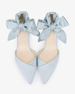 Light Blue Satin Pointy Toe Low Block Heels Wedding Shoes with Luxe Tie, Bridal Shoes