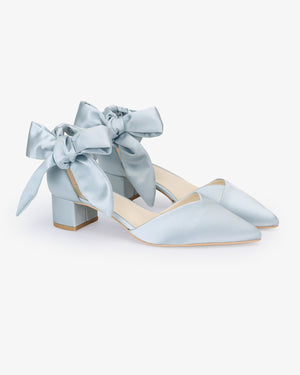 Satin Pointy Toe Low Block Heels Wedding Shoes with Luxe Tie