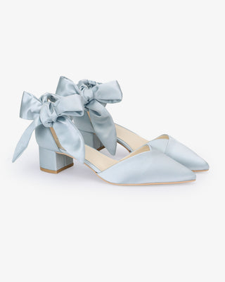 Light Blue Satin Pointy Toe Low Block Heels Wedding Shoes with Luxe Tie, Bridal Shoes