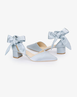 Light Blue Satin Pointy Toe Low Block Heels Wedding Shoes with Luxe Tie, Bridal Shoes