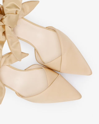 Champagne Satin Pointy Toe Low Block Heels Evening Shoes with Luxe Tie, Women Shoes