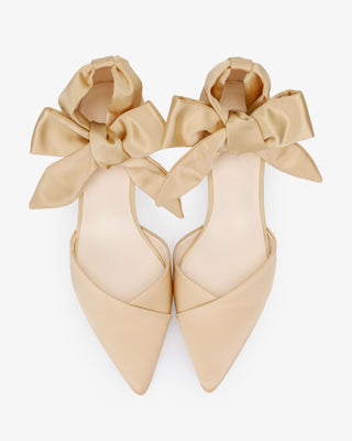 Champagne Satin Pointy Toe Low Block Heels Evening Shoes with Luxe Tie, Women Shoes