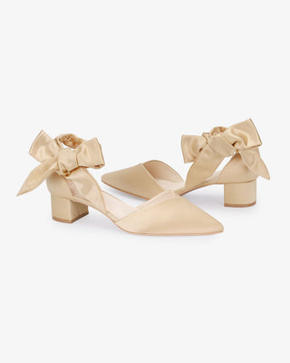 Champagne Satin Pointy Toe Low Block Heels Evening Shoes with Luxe Tie, Women Shoes