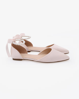 Dusty Pink Satin Pointy Toe Women Flats with All Pearls Strap