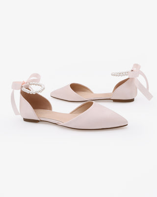 Dusty Pink Satin Pointy Toe Women Flats with All Pearls Strap
