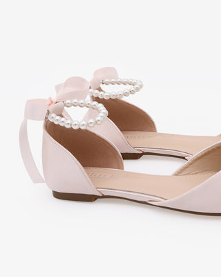 Dusty Pink Satin Pointy Toe Women Flats with All Pearls Strap