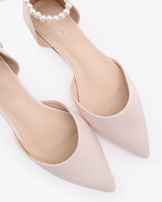Dusty Pink Satin Pointy Toe Women Flats with All Pearls Strap