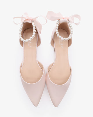 Dusty Pink Satin Pointy Toe Women Flats with All Pearls Strap