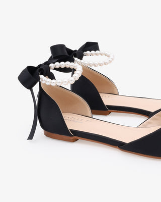 Black Satin Pointy Toe Women Flats with All Pearls Ankle Strap