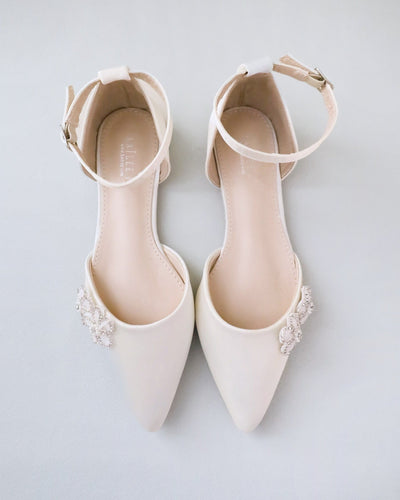Ivory Satin Wedding Flats with Chassia Flower