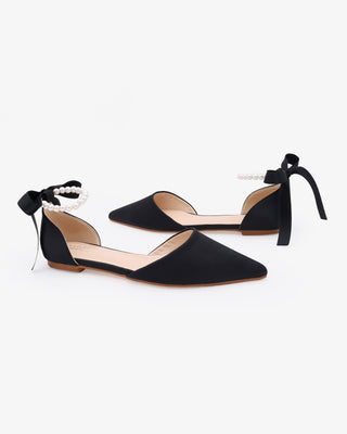 Black Satin Pointy Toe Women Flats with All Pearls Ankle Strap