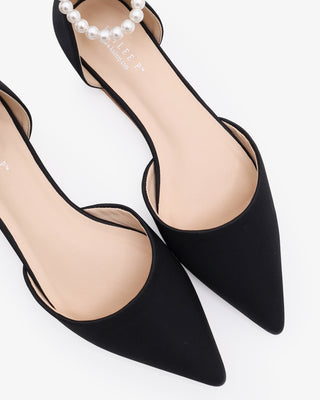 Black Satin Pointy Toe Women Flats with All Pearls Ankle Strap