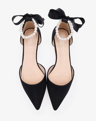 Black Satin Pointy Toe Women Flats with All Pearls Ankle Strap