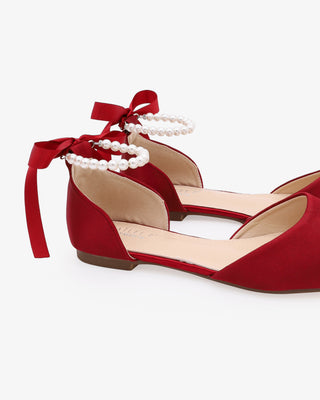 Burgundy Satin Pointy Toe Women Flats with All Pearls Ankle Strap