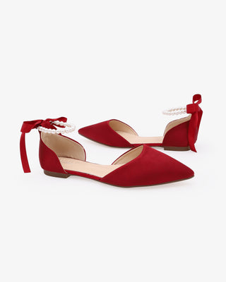 Burgundy Satin Pointy Toe Women Flats with All Pearls Ankle Strap