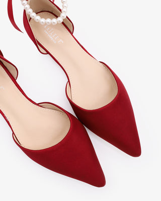 Burgundy Satin Pointy Toe Women Flats with All Pearls Ankle Strap