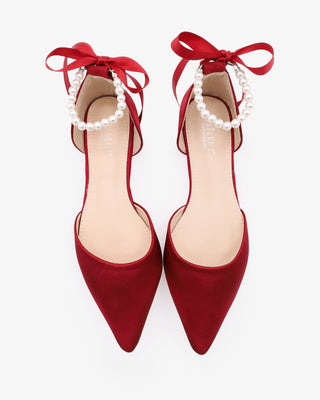 Burgundy Satin Pointy Toe Women Flats with All Pearls Ankle Strap