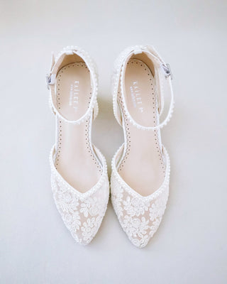 Ivory Bridal Lace Block Heel with Mini Pearls