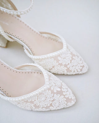 Ivory Bridal Lace Block Heel with Mini Pearls