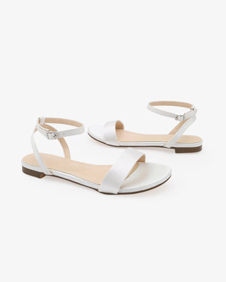 White Satin Flat Wedding Sandal with Ankle Strap