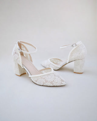 Ivory Bridal Lace Block Heel with Mini Pearls