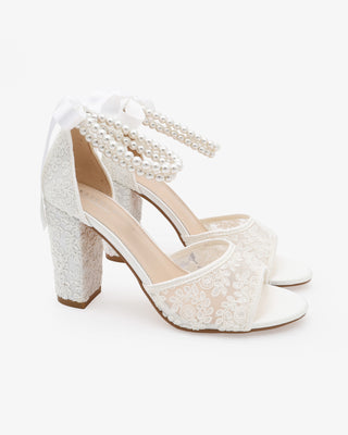 White Crochet Lace Block Heel Sandals with Double Pearls Ankle Strap