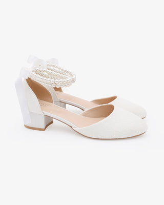 White Lace Round Toe Low Block Heel Wedding Shoes with Double Pearls Ankle Strap