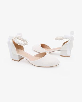 White Lace Round Toe Low Block Heel Wedding Shoes with Double Pearls Ankle Strap