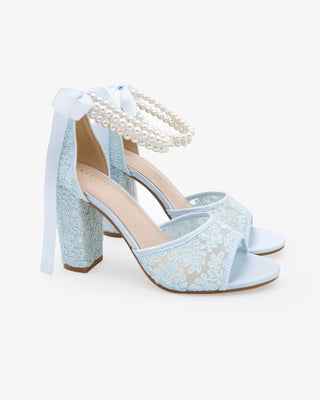 Light Blue Crochet Lace Block Heel Sandals with Double Pearls Ankle Strap