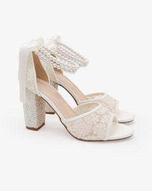 Crochet Lace Block Heel Sandals with Double Pearls Ankle Strap