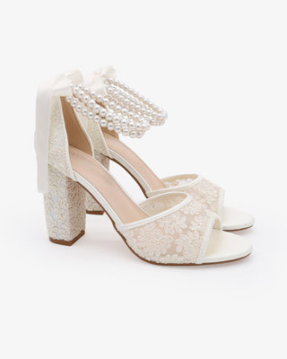 Ivory Crochet Lace Block Heel Sandals with Double Pearls Ankle Strap