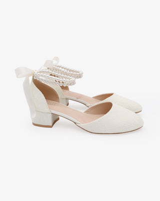 Lace Round Toe Low Block Heel Wedding Shoes with Double Pearls Ankle StrapWomen Shoes