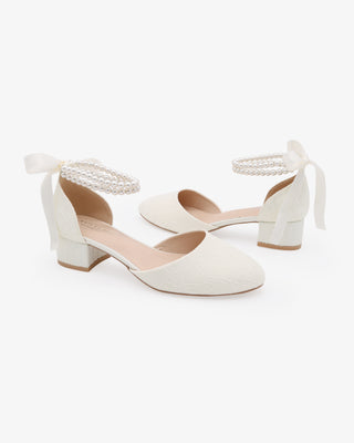 Lace Round Toe Low Block Heel Wedding Shoes with Double Pearls Ankle StrapWomen Shoes