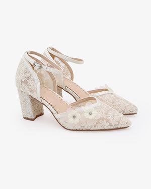 Flower Embellished Lace Block Heels Wedding Shoes