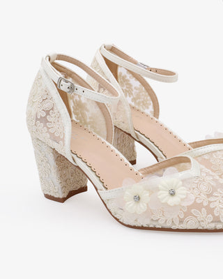 Ivory Flower Embellished Lace Block Heels Wedding Shoes