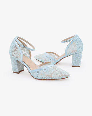 Light Blue Flower Embellished Lace Block Heels Wedding Shoes