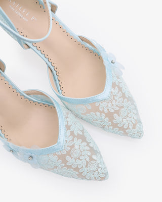 Light Blue Flower Embellished Lace Block Heels Wedding Shoes